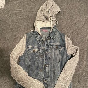 Jean jacket with sweatshirt hoodie and sleeves